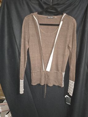 Dolce Cabo Brown Hooded Drawstring Cardigan with White Stripe Accents